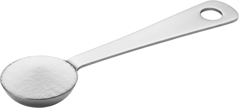 A metal measuring spoon filled with fine white granular powder its handle angled upwards with a hole at the end isolate kitchen transparent background