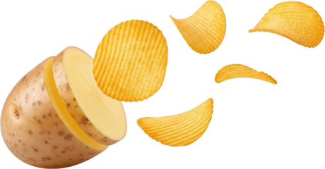A raw potato sliced with crispy ridged potato chips flying out isolate snack food slices ingredients fried healthy natural organic root vegetable cooking