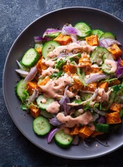 Colorful sweet potato salad with sauce on a gray plate