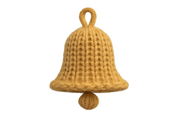 A yellow knitted Christmas bell ornament with a soft wool texture and a hanging loop, representing a cozy and traditional handmade holiday decoration