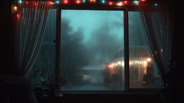 Cozy indoor rain view during Christmas