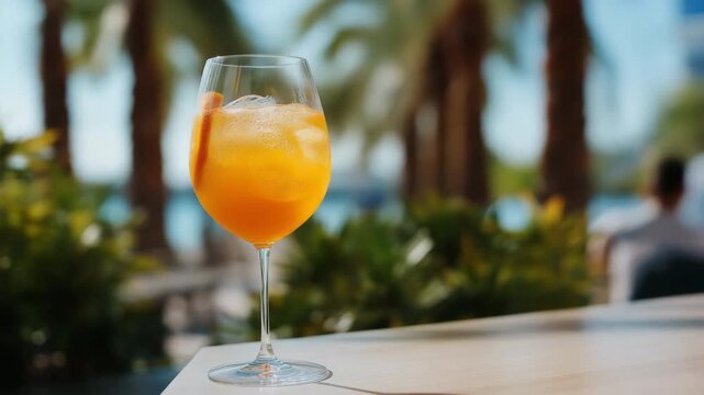 Refreshing aperol spritz cocktail by the beach with palm trees in the background
