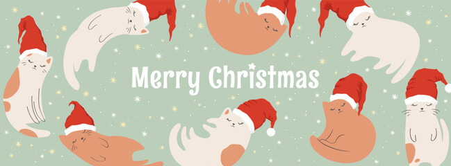 Merry Christmas vector illustration with cute hand drawn cats In Santa hat and lettering isolated on light green background. Holiday animal design template for card, invitation, web banner