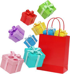 Assortment of colorful gift boxes scattered around and inside a red shopping bag isolate gifts present presents blue green yellow pink purple turquoise