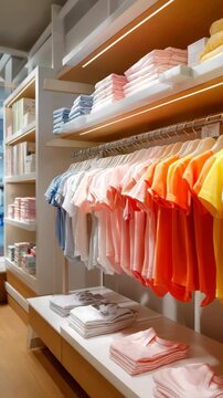 Colorful t-shirts neatly arranged on shelves in modern clothing store