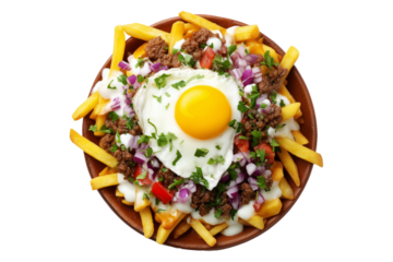Chile Chorillana french fries topped with ground beef, sunny-side up egg, cheese, onions, herbs on wooden plate, isolated on white transparent background