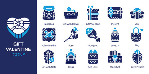 Gift Valentine Icon set. Containing date, crush, bouquet, roses, flower and more. Solid vector icons collection. Vector illustration.