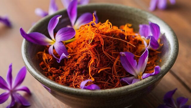 Vibrant saffron threads garnished with delicate purple flowers in a bowl