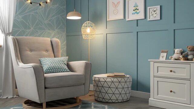 Interior of a baby room featuring a rocking chair and a blue patterned accent wall with art
