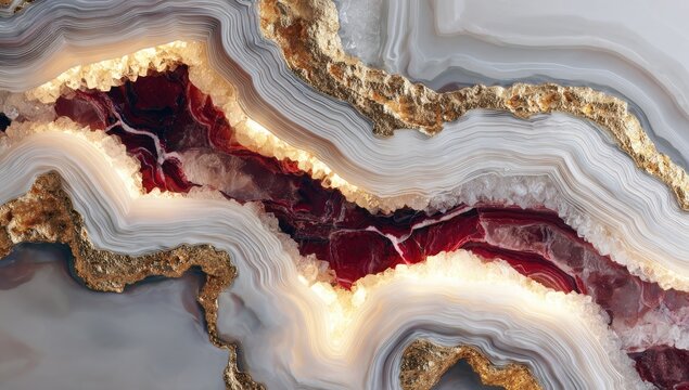 Layered agate slab with ruby center & golden accents