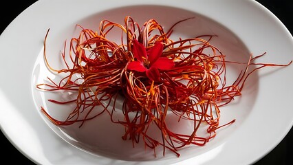 Close up of a vibrant red spider lily flower in a white bowl