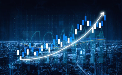 A striking financial growth chart with an upward trend illuminated against a nighttime city skyline, symbolizing success and innovation in finance. Impute