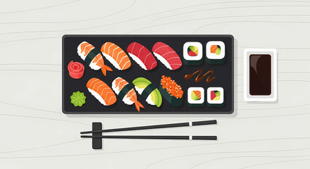 A clean, minimalist top-down (flat lay) view of a variety of sushi and sashimi pieces neatly arranged on a dark rectangular plate, served with soy sauce and chopsticks on a white wooden surface.