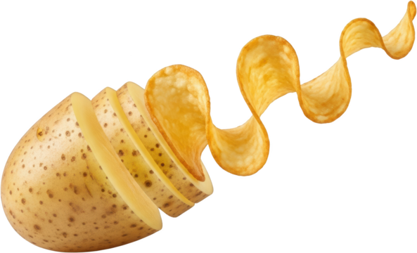 A potato sliced into several pieces with a spiral potato chip emerging from one slice isolate snack food raw ingredient crispy fried potato slices root vegetable - Powered by Adobe