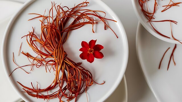 Artistic saffron threads arranged like a tree on a white plate