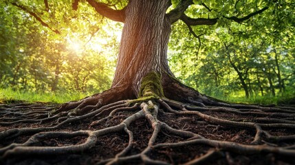 A large oak tree with moss on its trunk and branches, surrounded by lush green foliage and sunlight filtering through the leaves.