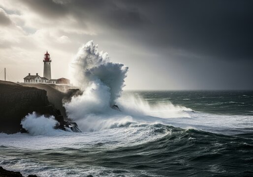 Powerful waves crash against the rocky coast under a stormy sky, with a white lighthouse standing on the shore overlooking the turbulent ocean and breaking surf