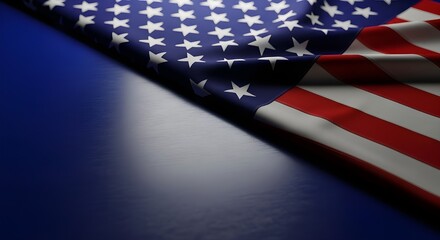 A closeup view of a draped american flag, showcasing its iconic stars and stripes, resting on a reflective dark blue surface, symbolizing patriotism and national pride