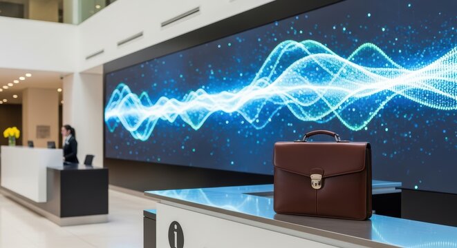 Modern office lobby with interactive digital wall display and brown briefcase on desk