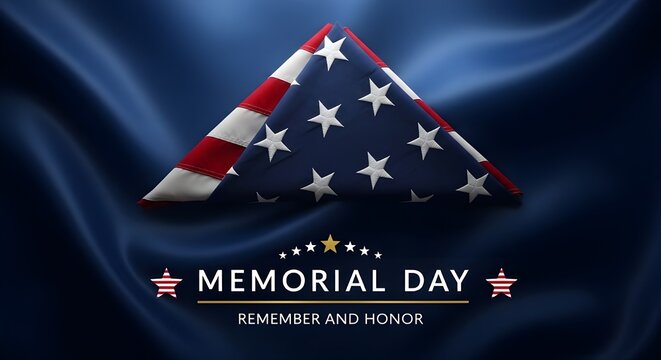 A solemn tribute to memorial day, featuring a meticulously folded american flag resting on a deep blue fabric, symbolizing remembrance and honor for fallen heroes