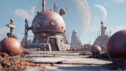 Sci-Fi Planet Base with Domed Building and Industrial Facilities, Rubble Ground Spheres Futuristic Mysterious Scene
