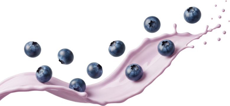 Fresh blueberries splashing into a swirl of pink yogurt or cream isolated with isolate Blueberry Fruit Food Transparent Background Healthy Sweet Berry
