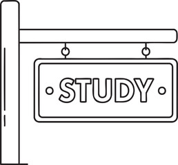 Minimalist line art of a hanging sign on a post with the word STUDY in bold letters.
