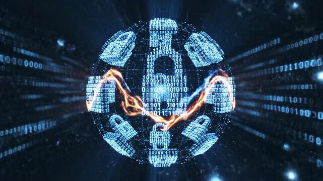 Digital locks, arranged in a pattern, emit light and energy against a dark backdrop with binary code details