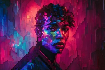 Young Man Portrait with Vibrant Pixelated Color Wash, Modern Art Style