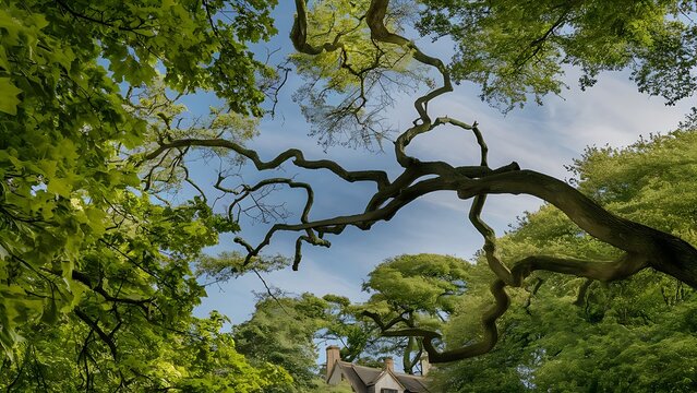 Looking up through gnarled tree branches towards a cloudy sky - Powered by Adobe