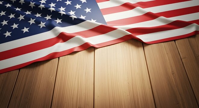 Waving american flag draped gracefully over a rustic wooden background, symbolizing patriotism, freedom, and national pride, with ample copy space for text or design elements