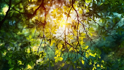 Sunlight filtering through lush green tree branches and leaves