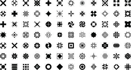 Minimal geometric symbols, abstract black icons, modern design elements, symmetrical patterns, vector grid layout, branding motifs, visual identity, graphic art collection