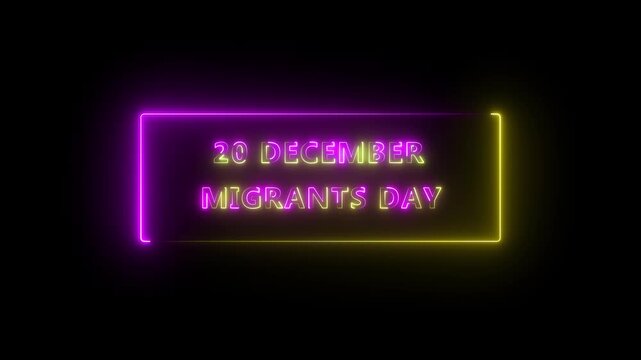 20 December migrants day Text on black isolate. 3D render. Greeting card design,  Neon Text on black isolate. 3D render. Greeting card design, Women's day Pink Neon Text on black isolate. 3D render. 