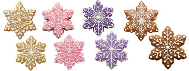 collection of snowflake-shaped cookies, each decorated in unique colors and intricate white icing patterns.