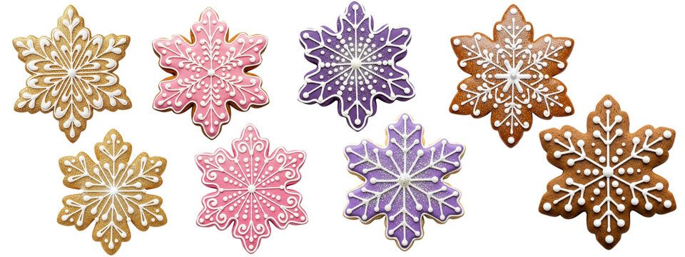 collection of snowflake-shaped cookies, each decorated in unique colors and intricate white icing patterns.