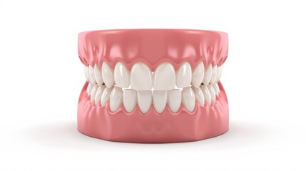 Anatomically correct 3D illustration of human jaw with healthy white teeth and pink gums. Dental hygiene, orthodontics or prosthesis concept.