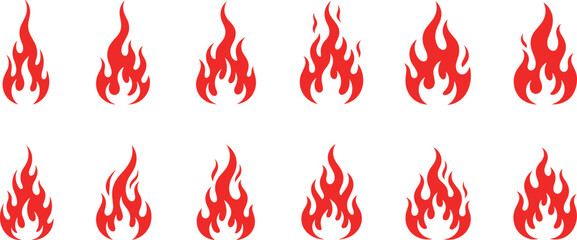 Red flame icons, stylized fire vector, heat symbol set, burning graphic elements, intensity scale design, energy illustration bundle, hot UI assets