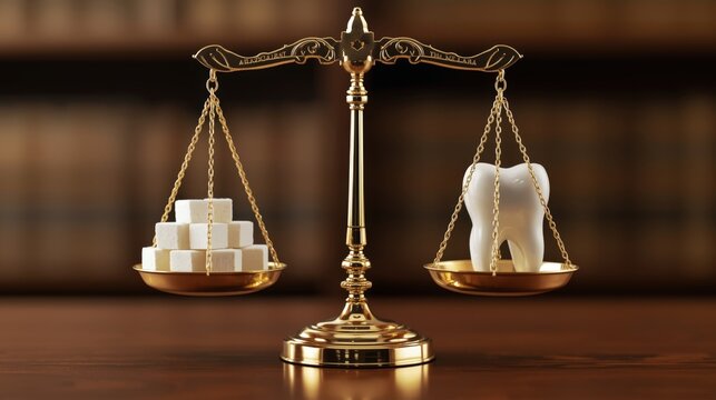 Conceptual 3D illustration of sugar cubes outweighing a healthy tooth on golden scales. Dental hygiene and nutrition warning.