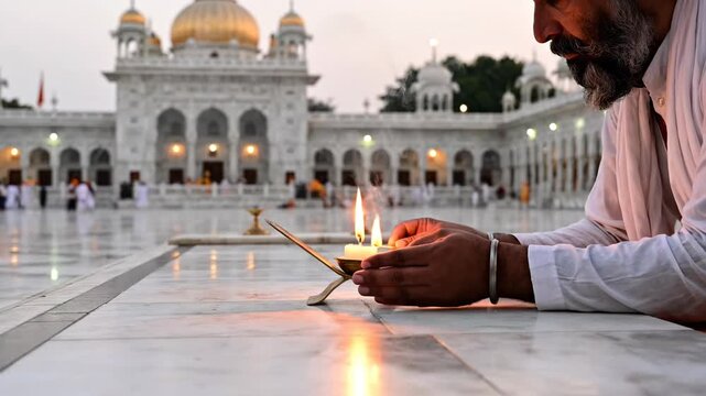 Devotee Lighting Candle During Sikh Enlightenment Jayanti and Guru Teg Bahadur Martyrdom Commemoration at Golden Temple
