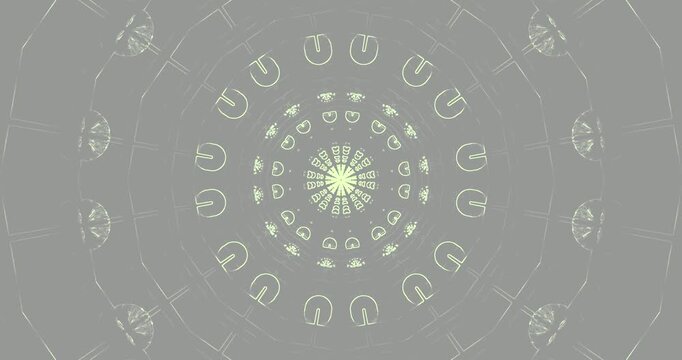 A mesmerizing loop features a tunnel filled with intricate patterns that shift and change. This visual display creates a captivating atmosphere suitable for screensaver use at any time.