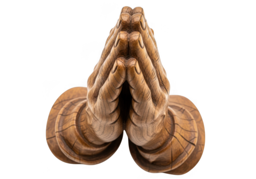 Wooden sculpture of two hands pressed together in a gesture of prayer or greeting, isolated on transparent background