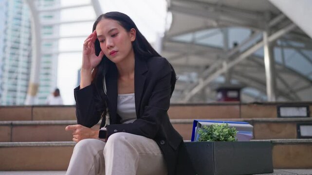 Asian businesswoman feeling sad and discouraged after losing her job. 