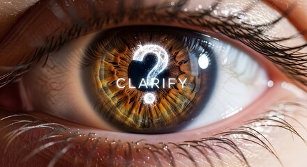Human eye macro with question mark and clarify reflection for insight