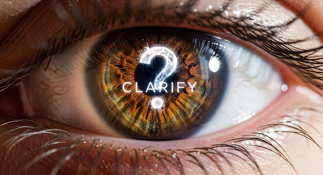 Human eye macro with question mark and clarify reflection for insight