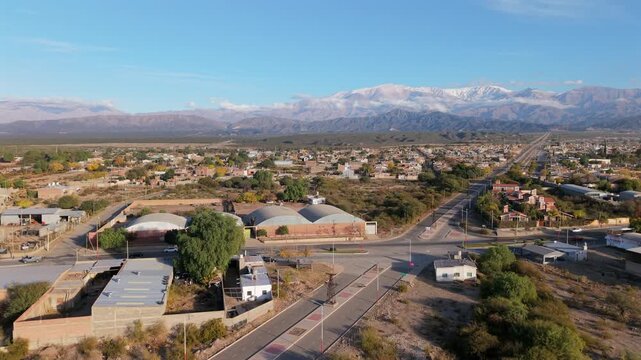 Aerial cityscape of Chilecito with the Andes mountains in the background, La Rioja Province, Argentina.