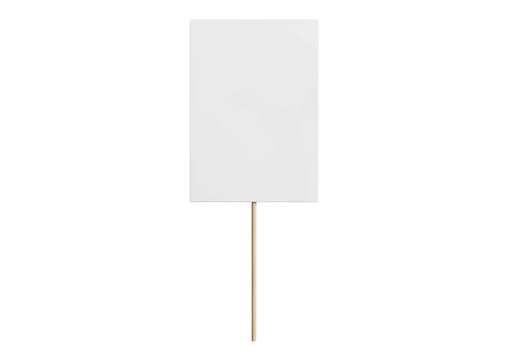 Blank white rectangular protest sign or placard on a wooden stick for rally. Isolated on transparent background 