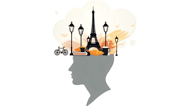 A symbolic conceptual illustration showing a human head silhouette filled with iconic French cultural elements&mdash;Eiffel Tower, croissants, vintage street lamps, French books, bicycles, caf&eacute; cups