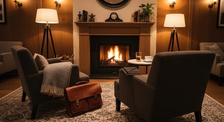 Naklejka premium Cozy living room with fireplace and warm lighting for relaxation