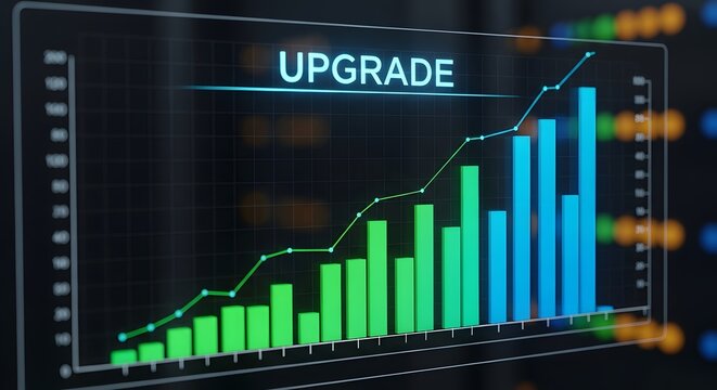 Financial upgrade growing bar chart with upward trend line on screen - Powered by Adobe